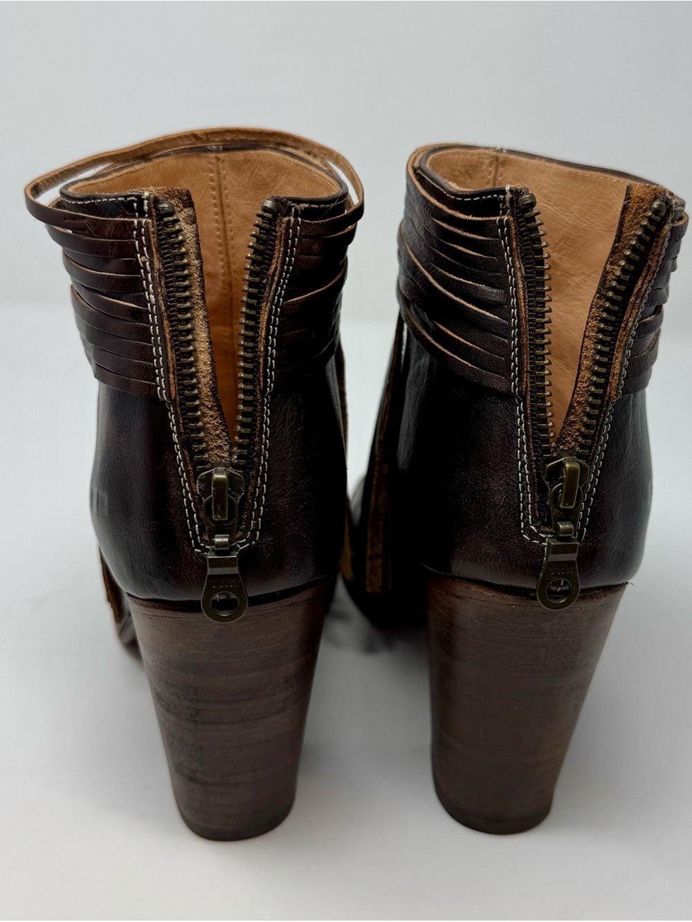 Bed Stu | Dark Brown Leather Fringe Peep-Toe Booties, Size 9 - EUC - Picture 4 of 8